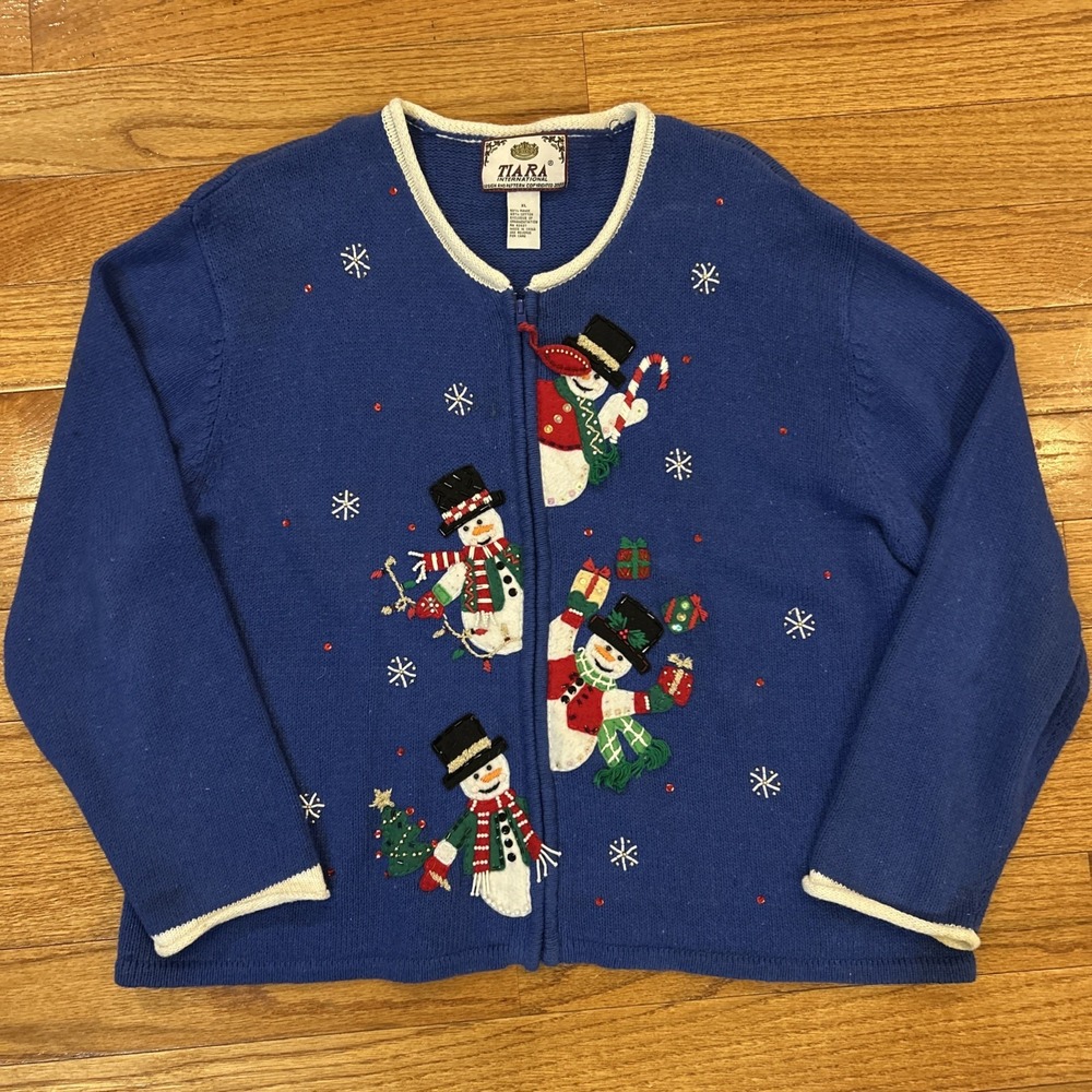 Tiara Vintage‎ Y2K Snowman Christmas Blue Snowflake Zip Knit Sweater Cardigan XL